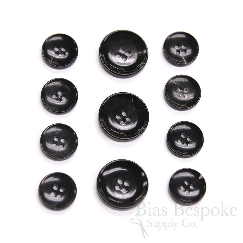 Set of 11 Concave Black Buffalo Horn Suit Buttons, Made in Italy