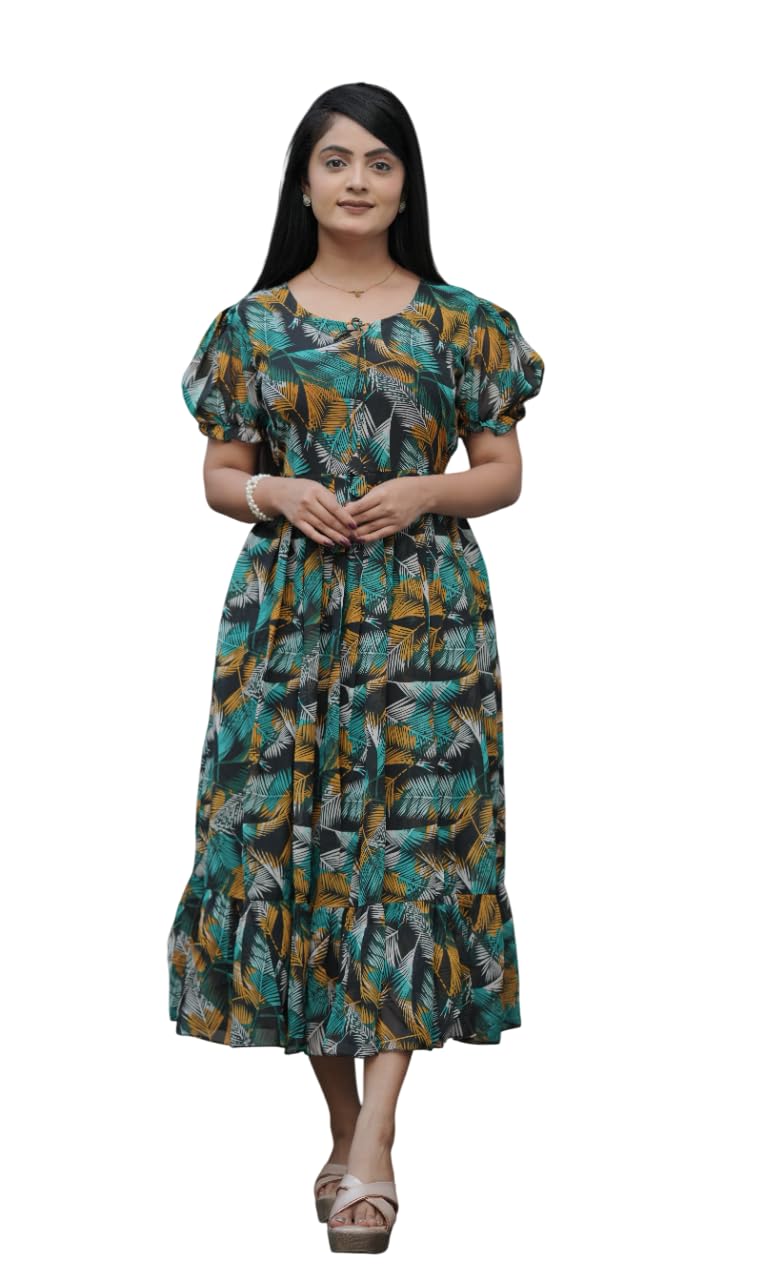 eightone Women Georgette Printed Maxi Dress | Round Neck Tiered Flared Long Gown | Puff Sleeve Western Maxi Frock | One Piece Long Dress for Women Stylish-picture-10