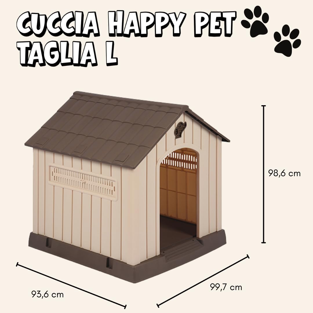 acquaverde | Cuccia per Cani da Esterno, Taglia Grande/Large Casetta per Cani in Resina, Impermeabile, Resistente, Base Isolante e Tetto Spiovente, Facile da Montare - Beige/Marrone | cm. 93x99x98