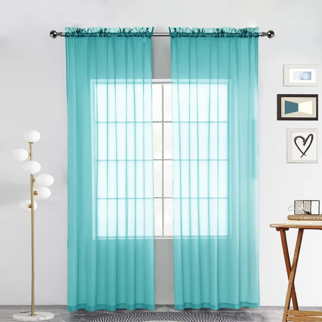 SpaceDresser Sheer Voile Window Treatment. Rod Pocket Curtain Panels for Kitchen Bedroom Living Room Drapes Sunlight Filtering Privacy Semi Home Decor Assorted Colors Sizes (Turquoise, 52 W x 45 L) โ image 1