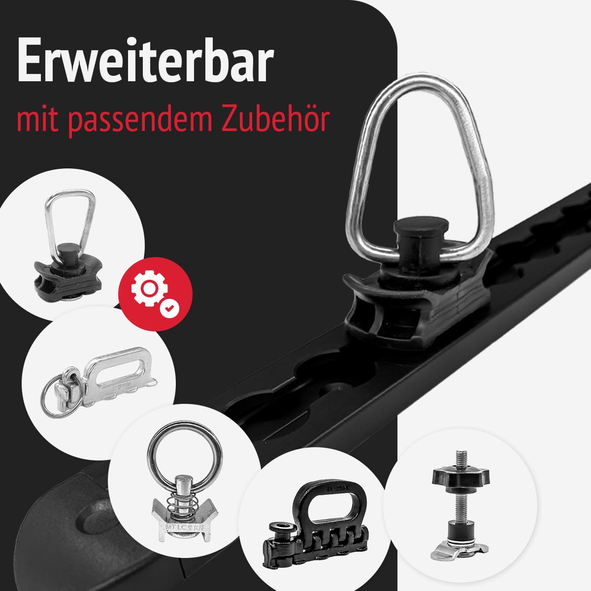 Set 2X Airlineschienen 1.0 m, 4X Endkappen, 4 Fittinge und 4X Klemmschlossgurte, schwarz KTL-beschichtet, gebohrt, eckig, 34 x 9,6 mm | Zurrschiene für Transporter, Wohnwagen, Anhänger
