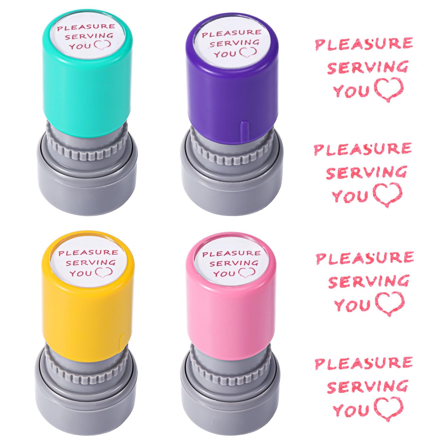 4pcs Pleasure Serving You Stamp, Self Ink Server Stamps for Checks Cute Personalized Office Service Work Waitress Stationery Accessories (Purple, Yellow, Blue, Pink)