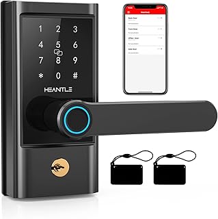 Keyless Entry Door Lock with Handle, HEANTLE Smart Lock Fingerprint Deadbolt Alternative Electronic Bluetooth Code Lever for Front Door Touchscreen Digital Keypads Handle Locks Works with Alexa Google