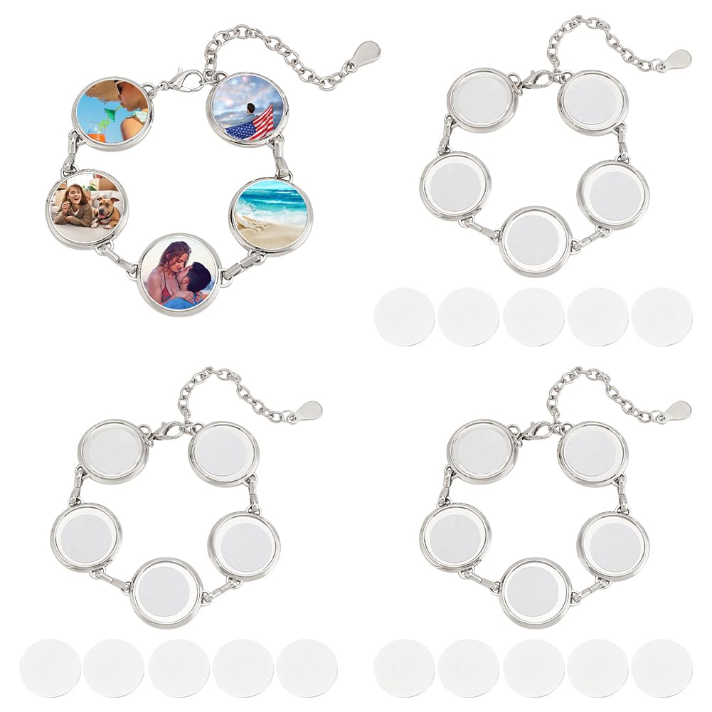 PH PandaHall 4 Sets Sublimation Bracelets, Heat Transfer Graduation Bracelet Round Photo Bezel Tray Sublimation Blank Adjustable Bracelet Bezel Setting with Cabochon for Bracelets Jewerly Making Wedding