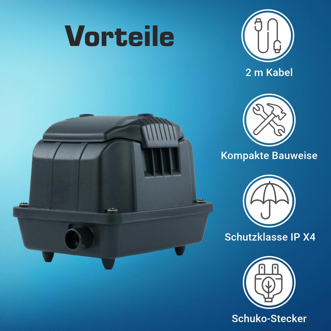 Teichbelüfter 600 L/H stufenlos regulierbar, 10 Watt Sauerstoffpumpe für Teich, Membranpumpe 10 L/Min, Teichbelüftung, Luftpumpe Teich, Belüfterpumpe für Gartenteiche, Teichbelüftungspumpe