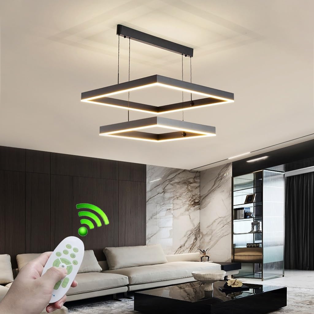 Plafonnier géométrique moderne 3 anneaux : luminaires décoratifs carrés télécommande