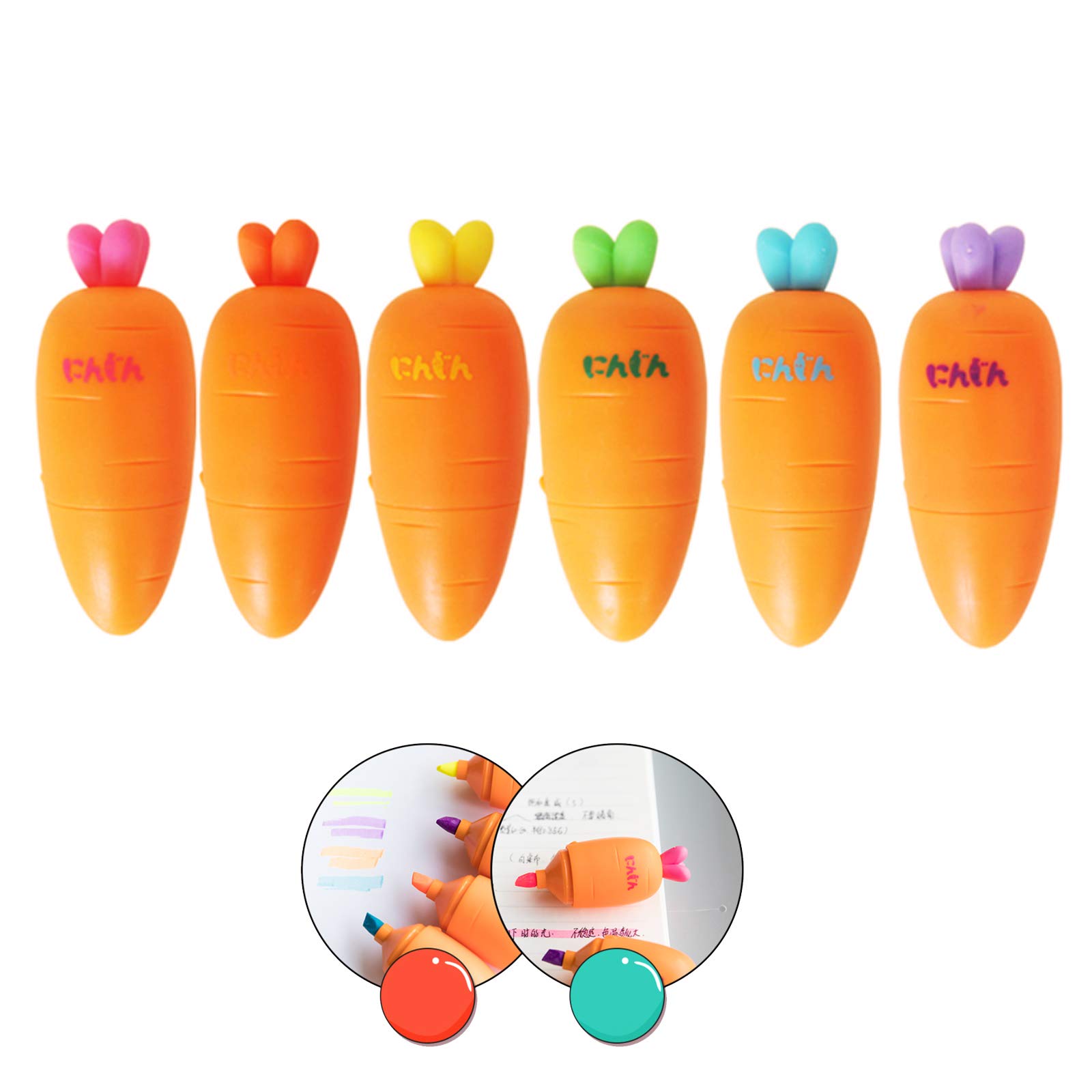 eKoi Cute Kawaii Creative Korean Novelty Non Bleed Mini Carrot Highlighter Pen Marker for School Student Office Kids Play Study Stationery Supplies (6 Assorted Color Pack) …