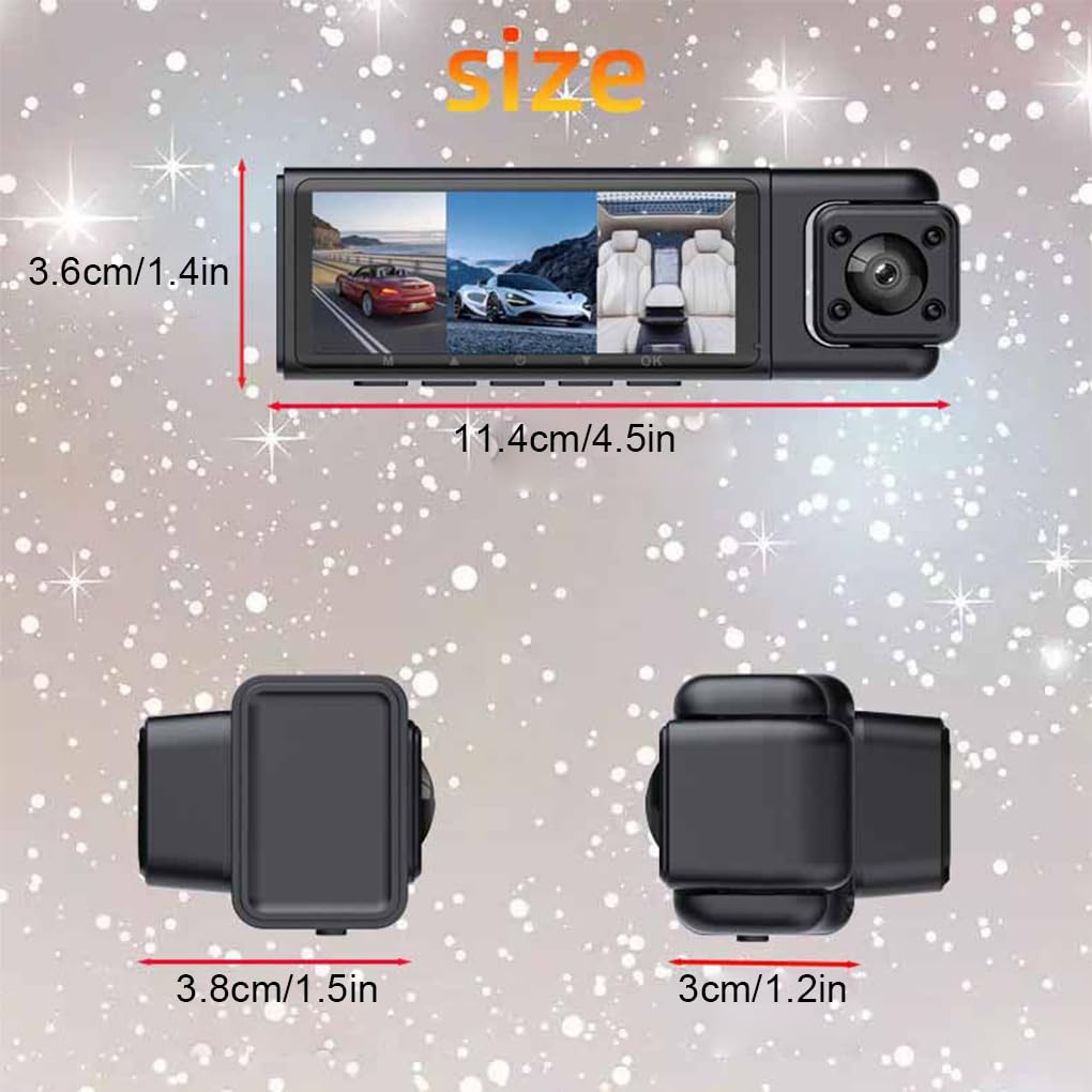 Dash Cam versatile per auto 1080P con telecamere anteriori, posteriori e per abitacolo per una copertura completa Registrazione HD Schermo diviso