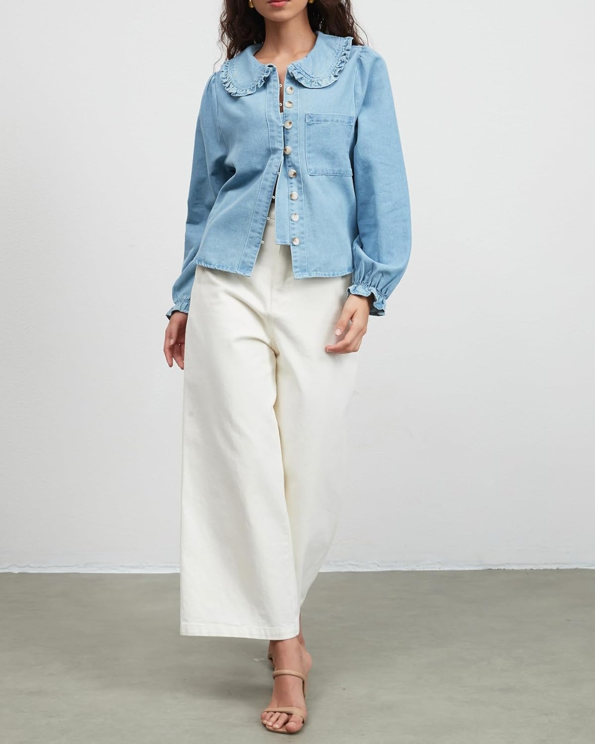 Womens Puff Long Sleeve Denim Shirts Peter Pan Collar Button Down Jean Blouse Casual Denim Tops with Pocket - Image 6