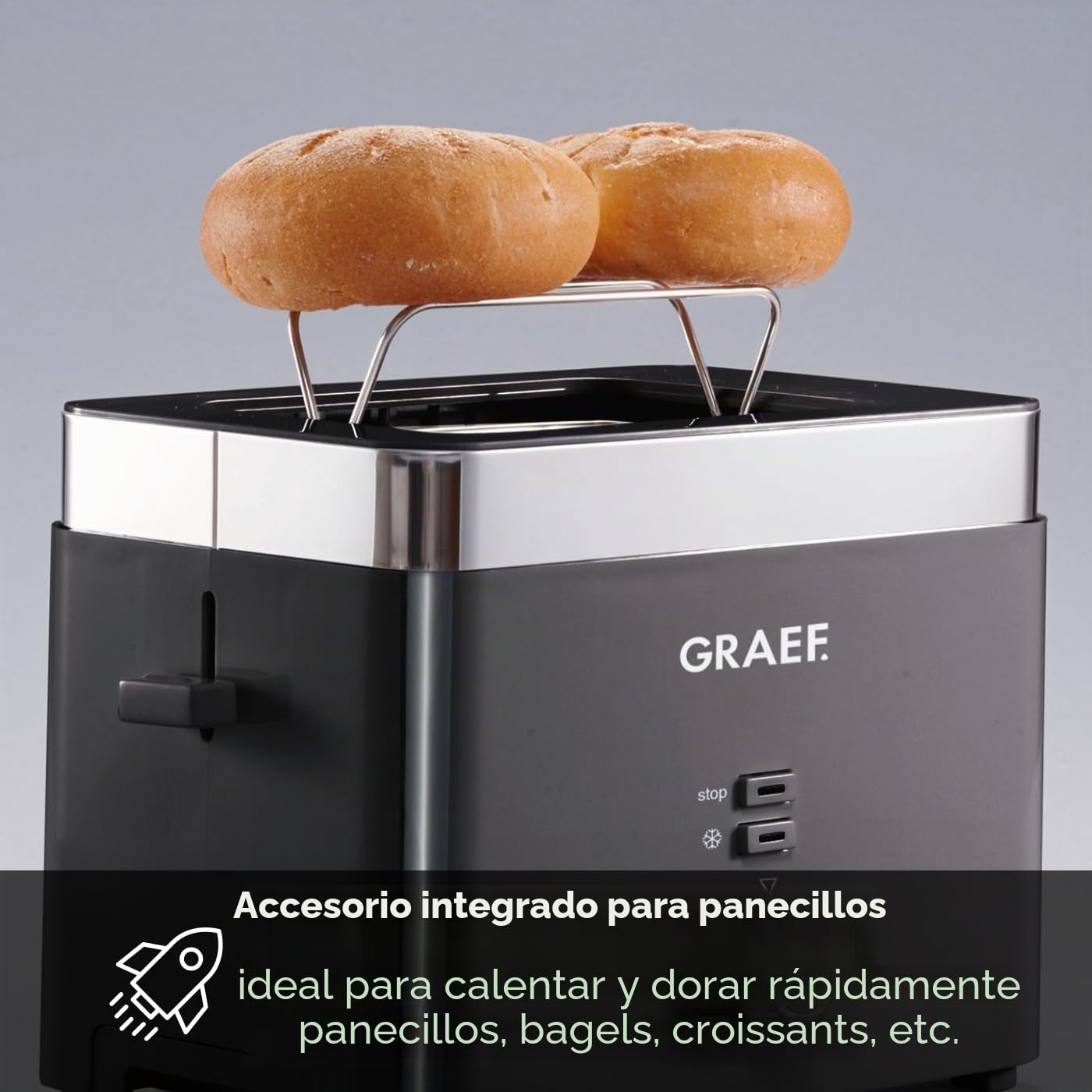 GRAEF Tostadora TO62 Negra Tostadora de 2 rebanadas con accesorio para panecillos, desconexión de seguridad, centrado de rebanadas de pan y bandeja recogemigas