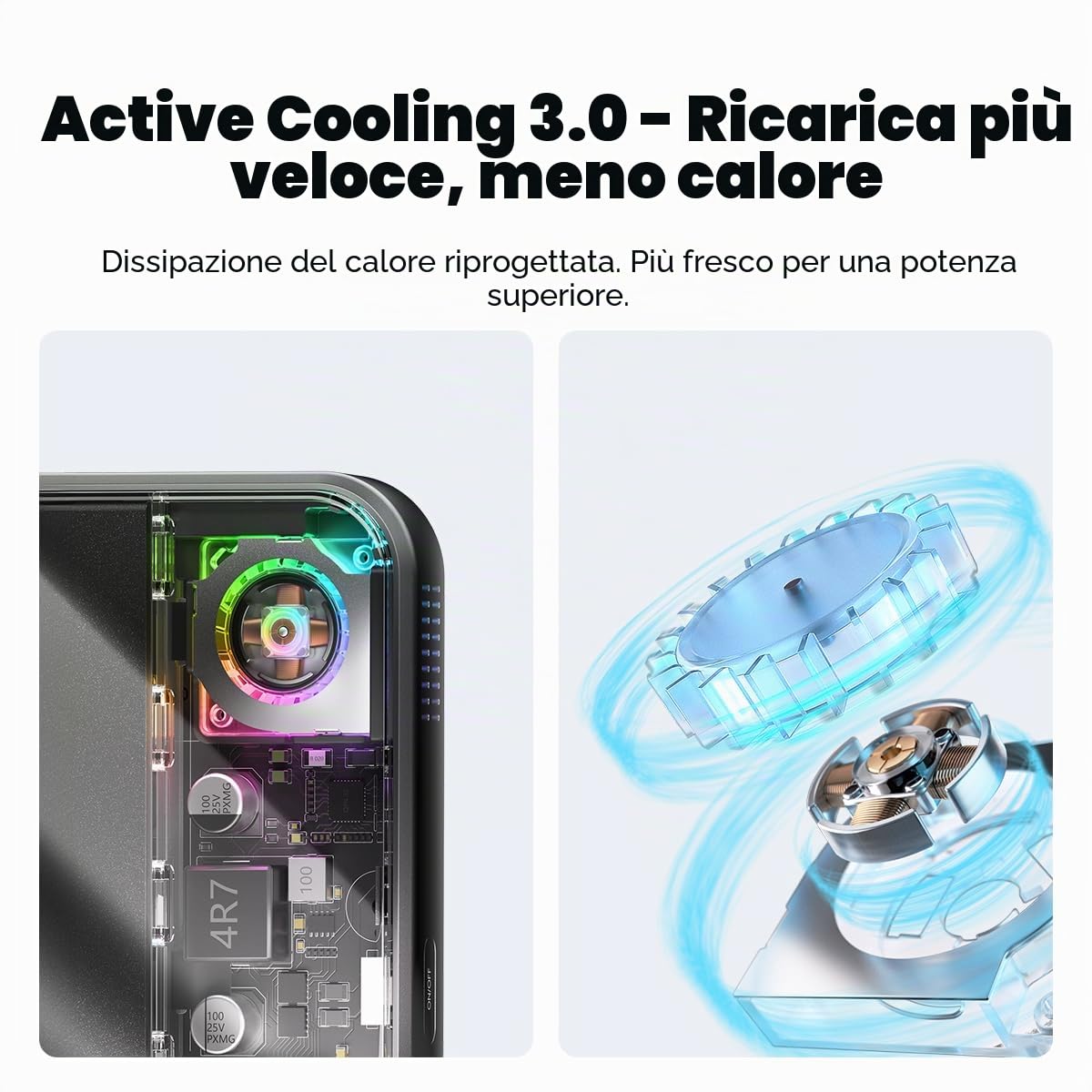 sharge ICEMAG 3 Magsafe Power Bank 10000mAh, Qi2.2 25W Caricabatterie portatile wireless con raffreddamento attivo 3.0, cavo integrato da 35 W USB-C ricarica rapida, design RGB trasparente per iPhone