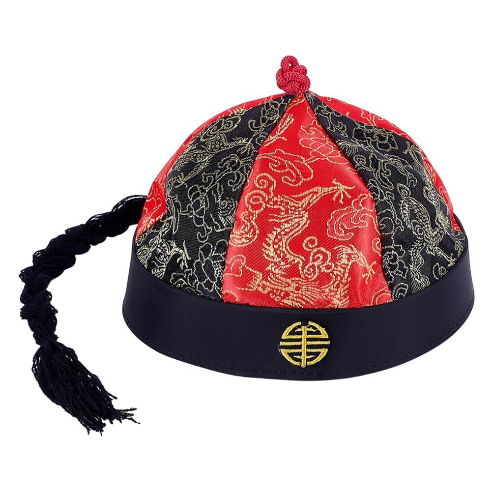 HOBBIESAY 2Pcs 23.6 Inches Adult Chinese Qing Dynasty Emperor Cosplay Hat Red Black Vintage Mandarin Hats Traditional Oriental Royal Headwear for Party Stage Performance