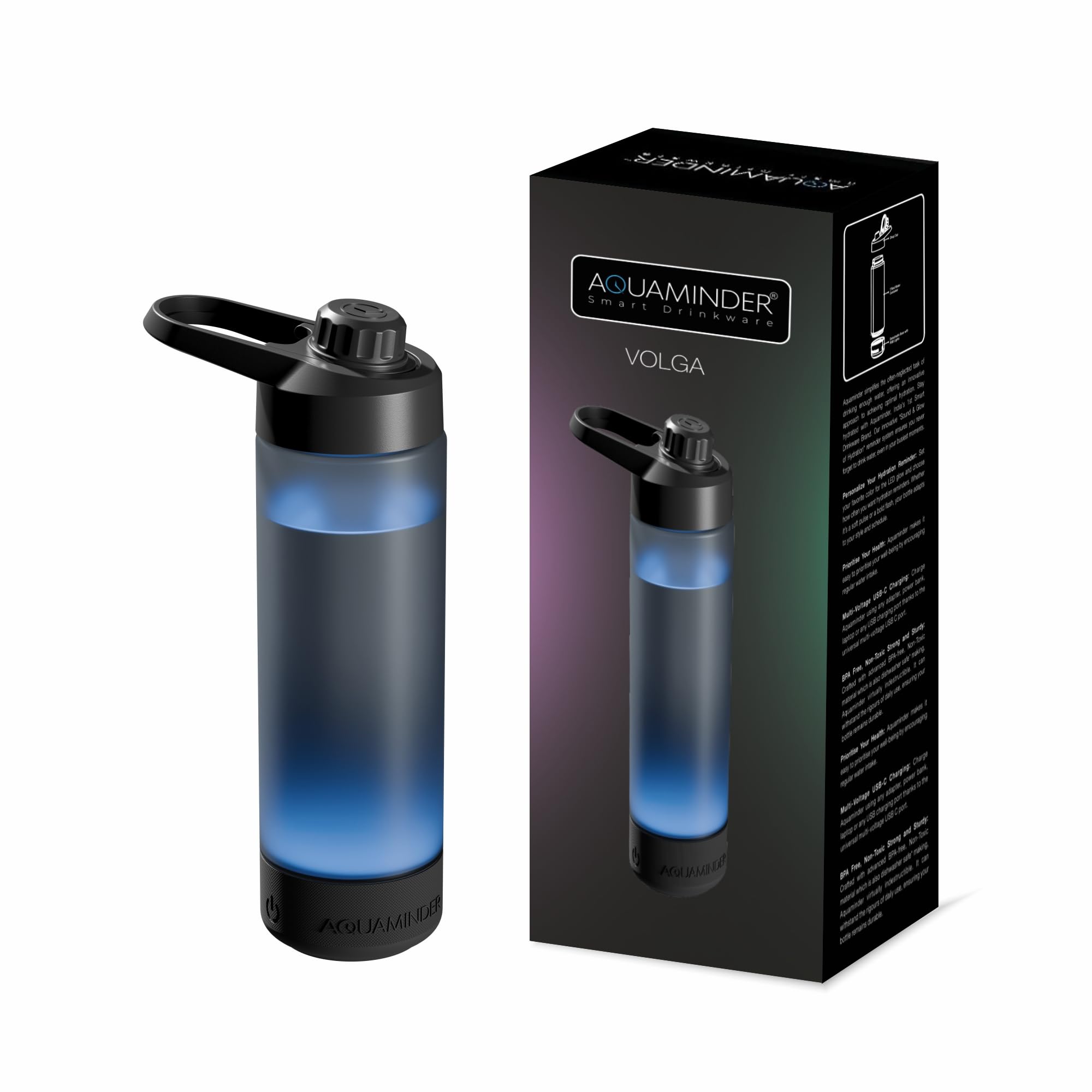 Aquaminder Smart Water Bottle Glows & Beeps to Remind You to Drink More 770 ml Chug Cap Bottle For Adults and Kids Perfect For Gift, Travel, Gym, Yoga, Black, Silicone