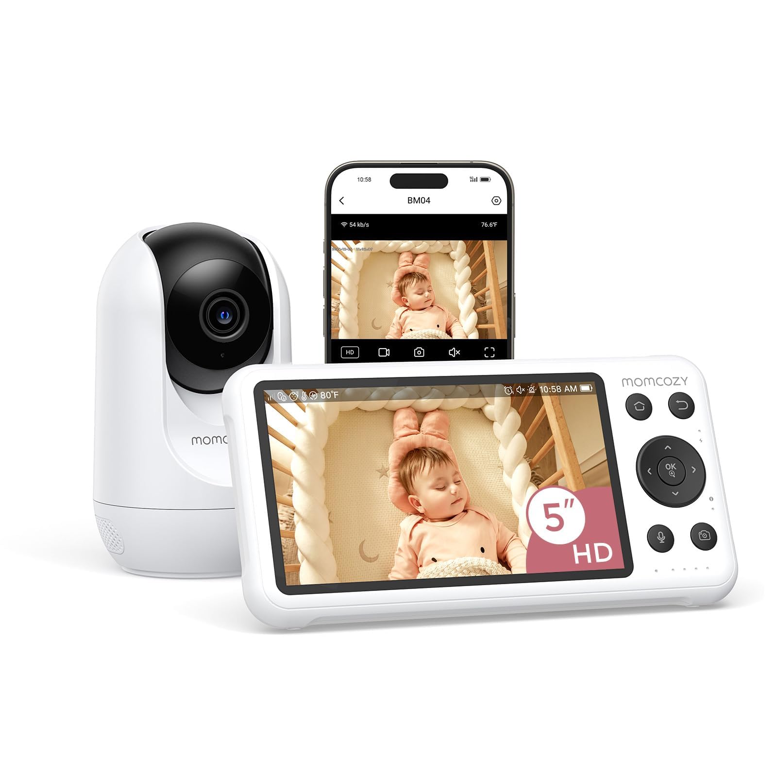 Momcozy BM04 elektroniczna niania z kamerą, Smart WLAN monitor dla niemowląt, ekran 5-1080p, z uchwytem ściennym, rozpoznawaniem ruchu i pisania, strefa bezpieczeństwa, wyraźna widoczność w nocy