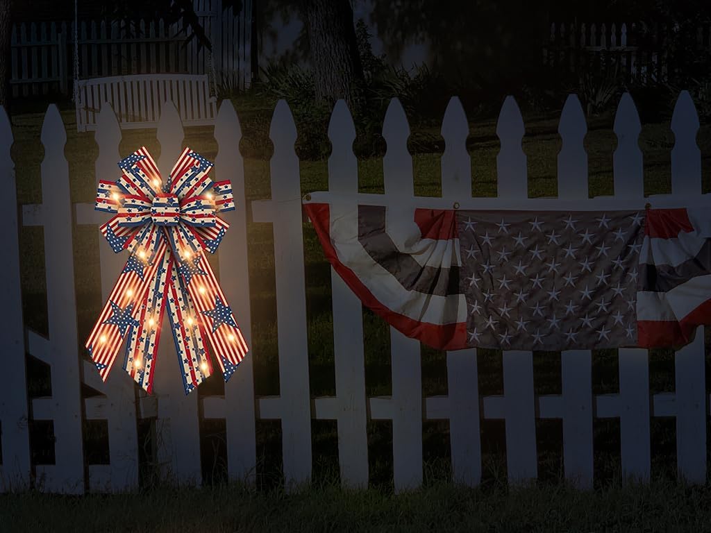 Threetols Large LED Patriotic Wreath Bows, Patriotic Star Bows for Wreath Labor Day Burlap Stripes Bows for Front Door, Red Blue Linen American Flag Bows for Christmas Indoor Outdoor Decoration