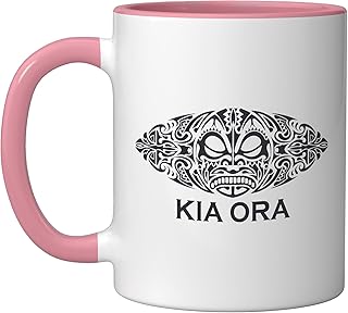 Maori New Zealand Kia Ora Culture Symbol Haka Dance Ceramic Mug, Pink/White