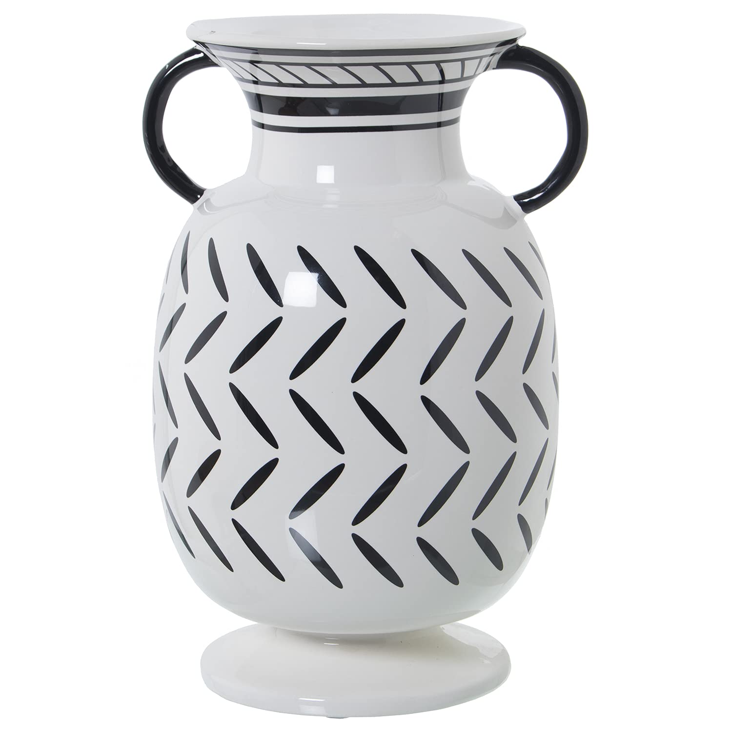 DRW Jarrón con Asas de Cerámica Decorado en Blanco y Negro 18x16,5x27cm