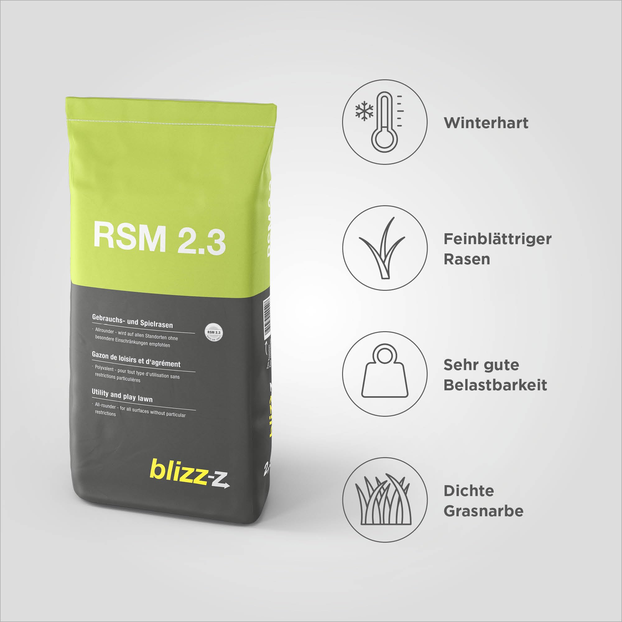 blizz-z RSM 2.3 Gebrauchs- und Spielrasen Samen für ca. 400m² | 10 kg Sack | Rasensamen | hoch belastbarer, winterharter Rasen für Spiel- und Liegewiesen, Hausgärten | Profiqualität | Made in Germany