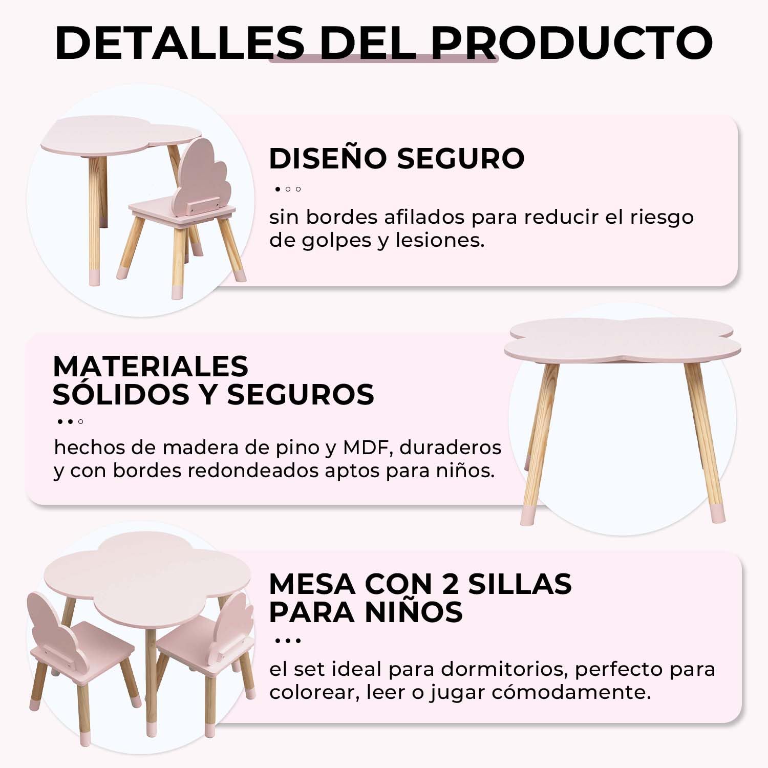 Rebecca Mobili Set de Mesa y 2 Sillas para Niños, para la Decoración de la Habitación de los Niños, Rosa Marrón, MDF Pino - Dimensiones: 44 x 60 x 60 cm / 50 x 25 x 25 cm - Art. RE6899