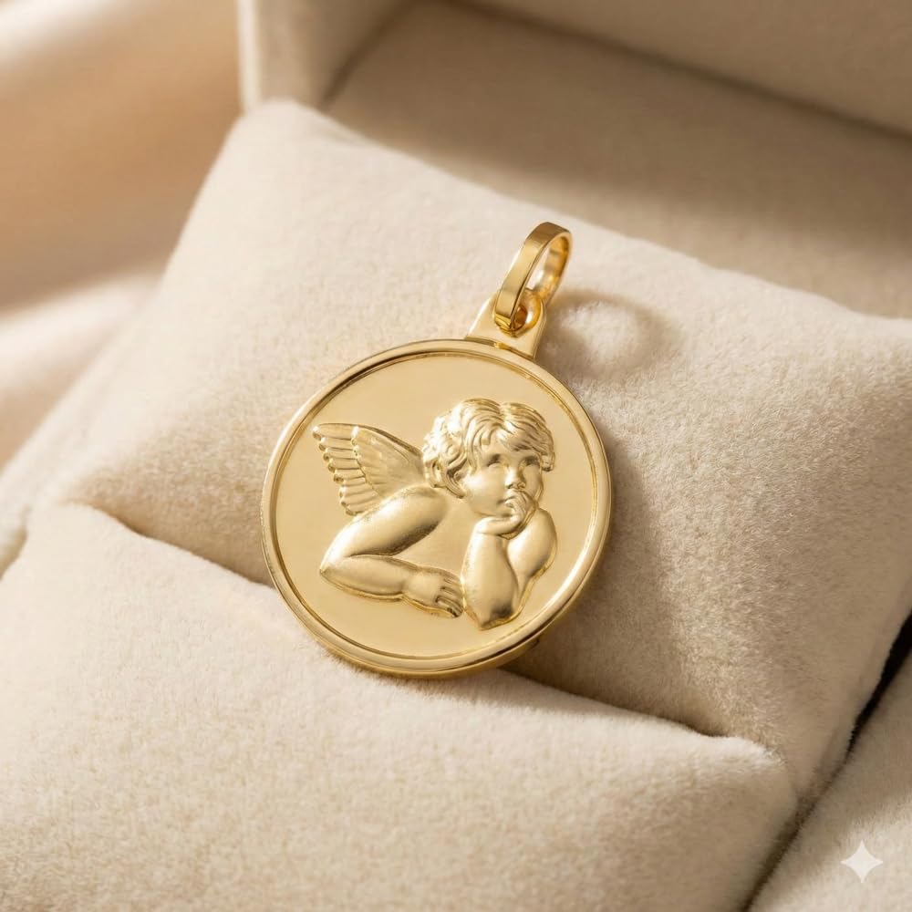 Collier - Enfant - Médaille - Ange - Baptême - 16 mm - Plaqué Or Jaune 750 - Fabriqué en France - Forçat 45 cm
