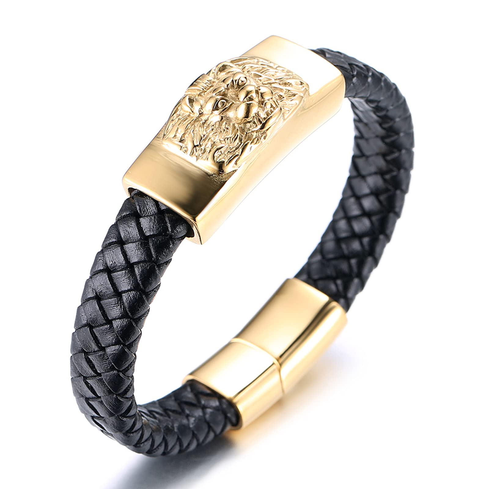 HALUKAKAHPulsera de Oro para Hombre,Chapado en 24K Oro Sólido Acero Titanio Lobo León Leopardo Animal Salvaje Vikingo Pulsera de Cuero Hecha a Mano Cierre Magnético 21,5cm,con Caja de Regalo