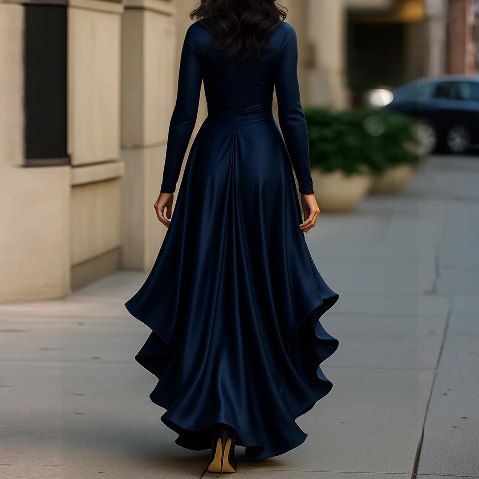 Abendkleider Elegant Für Hochzeit Satin Kleid Festlich Langarm Ballkleider Damen Lang A Linie Cocktailkleid Hochzeitsgast V Ausschnitt Frühlingskleid Maxi Rüschen Korsett Kleider Mit Gürtel