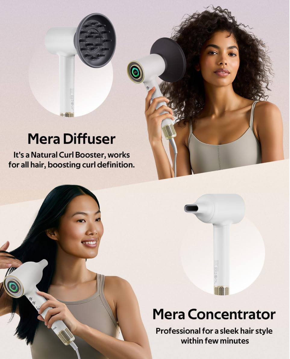 Professional Bi-Ionic Aromatic Hair Dryer- mera PRO -Fast Drying Salon Results Blowdryer w/Magnetic Diffuser & Aromatherapy Nozzle, One Button Safe Mode, cUL Certified, Lightweight for Travel