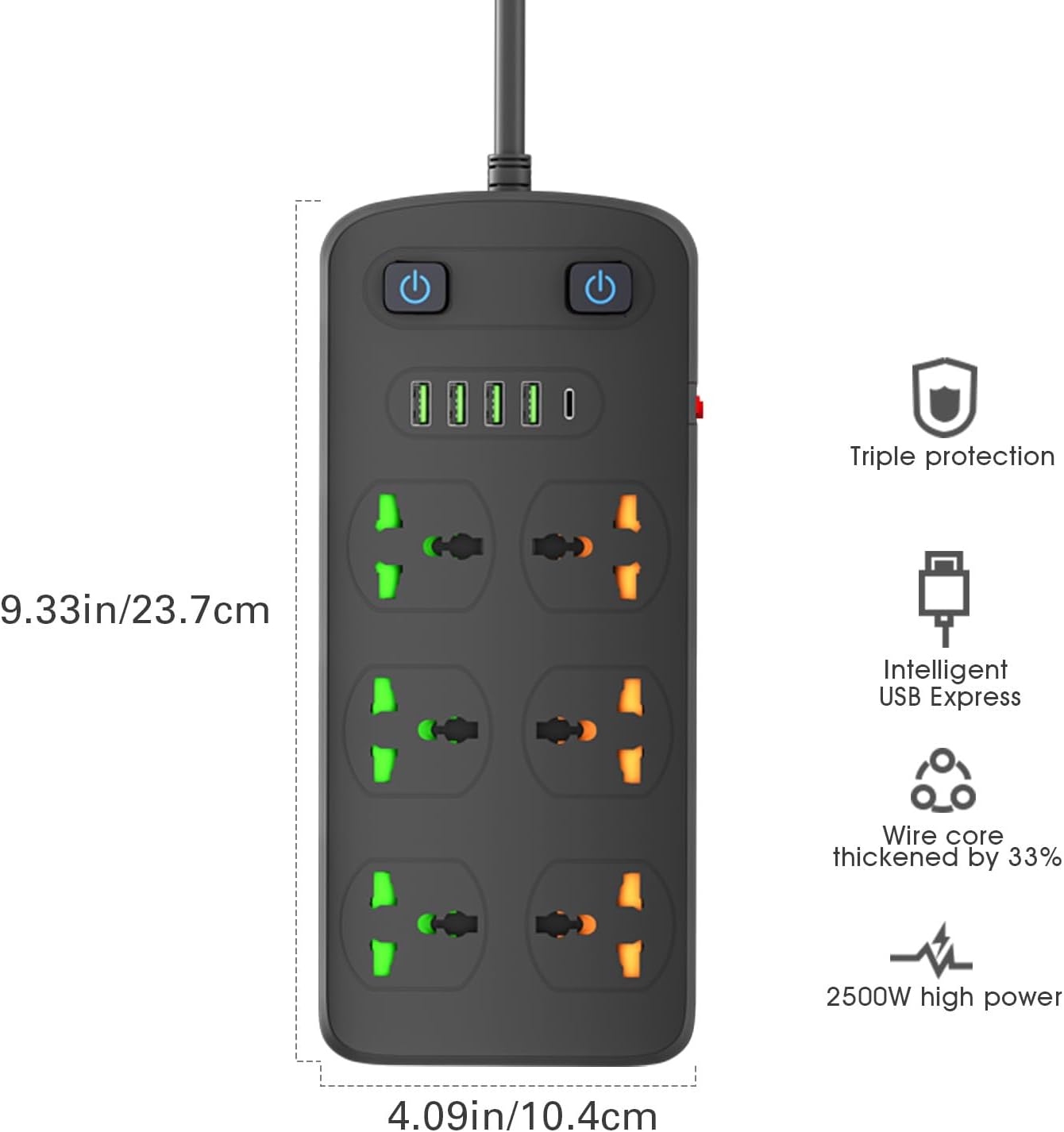 Universal Power Strip with USB and Type C Port, Surge Protector with 6 Universal Oulets and 4 USB, 110-250V, 6.5ft Extension Lead 2500W for European Travel, Home Office Black