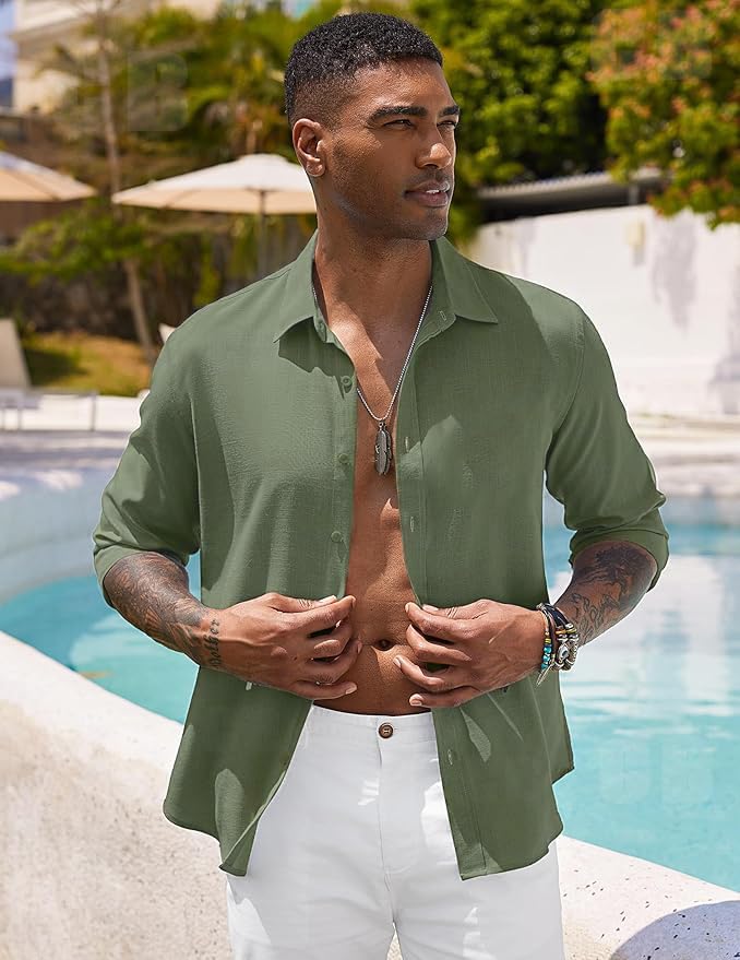 Image of CB-COLEBROOK Men's Long Sleeve Button Down Shirts Casual Cotton Linen Shirts Summer Beach Shirt for Mens Top (Available in Plus Size)