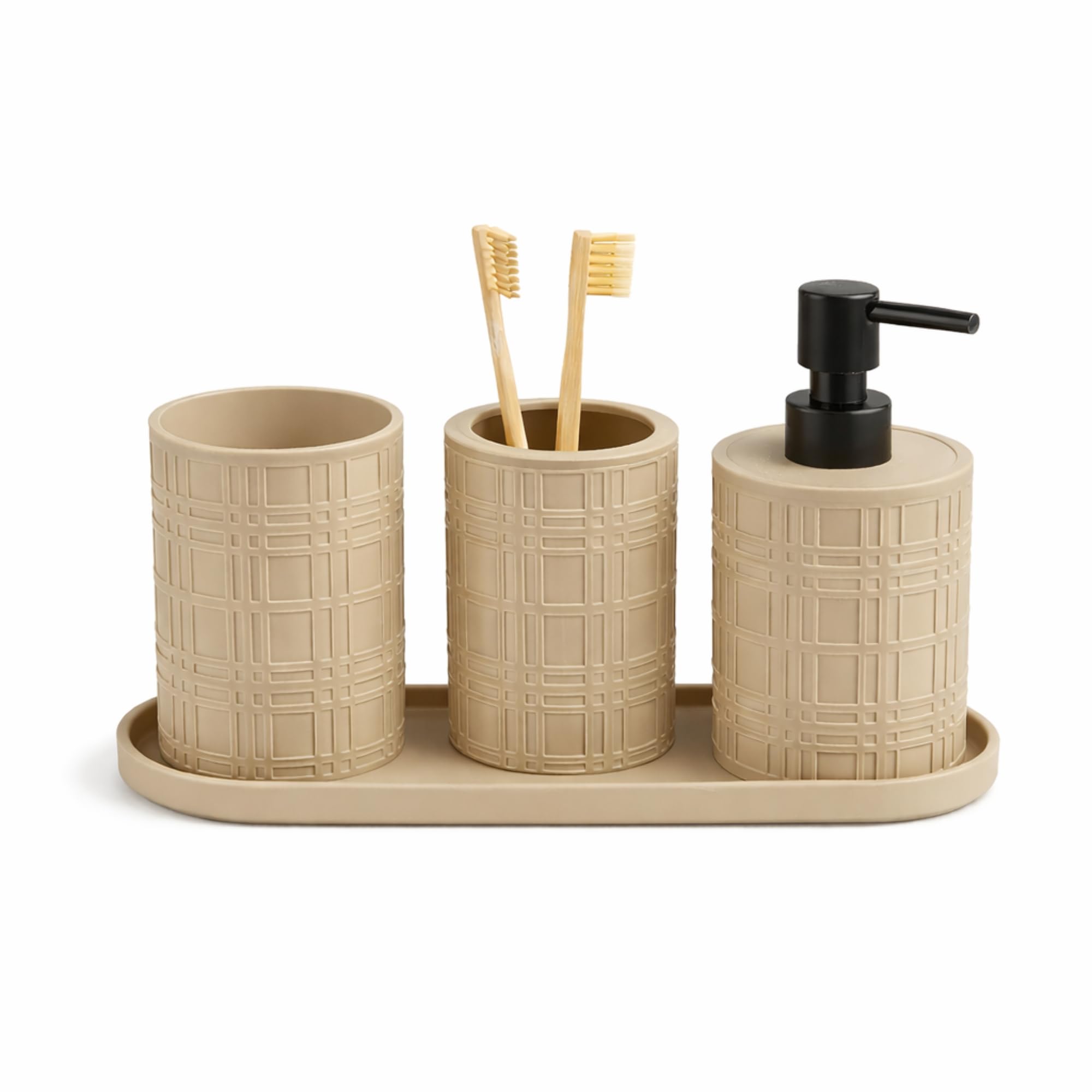 VOCO Bathroom Soap Dispenser 4 Piece Set for Wash Basin Countertop Handwash Liquid Soap Dispenser with Soap Holder Bathroom Accessories Set for Home Kitchen Sink Organizer -Beige-image-38