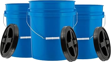 House Naturals 5 Gallon Food Grade BPA Free Made in USA Blue Bucket Pail with Black Air Tight Double Gasket Screw On Lid Pack of 3