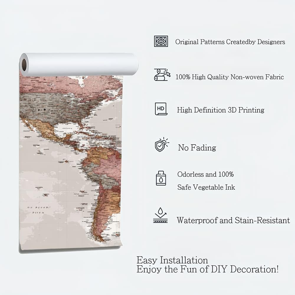 Genérico Home Decor fototapeta 350x256cm mapa świata retro panoramiczna tapeta wymienna do odklejenia i przyklejenia szara do salonu sypialni, jadalni HD tapeta