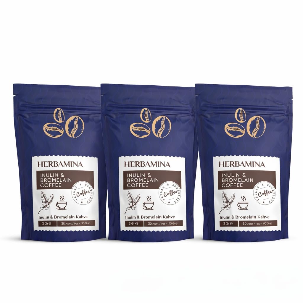 Herbamina Inulin und Bromelain Kaffee 3er-Set – 3 × 30 Portionsbeutel à 3g, 270g Gesamt | Löslicher Kaffee mit Inulin-Ballaststoff und Bromelain-Enzym