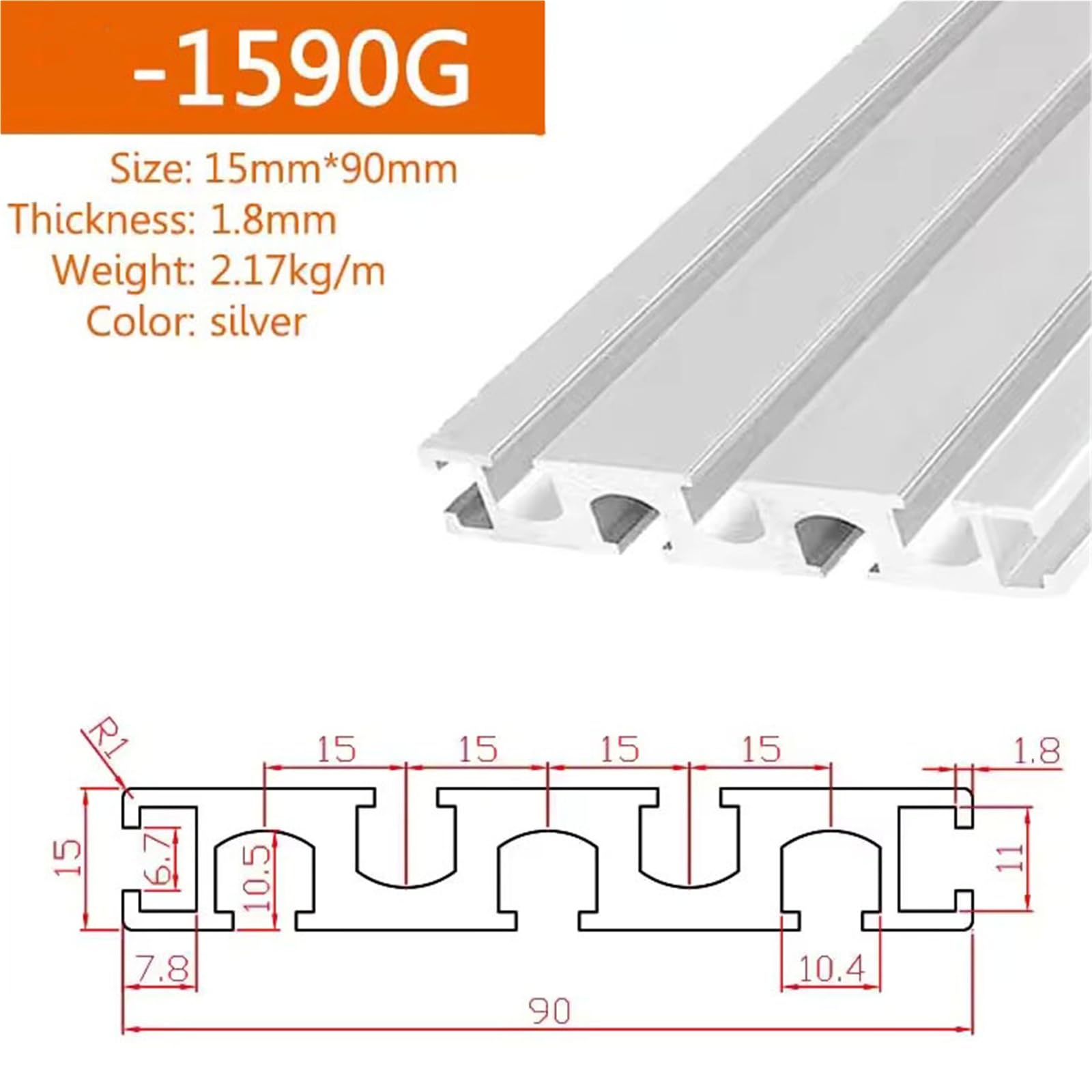GTPBAO Profilo industriale in alluminio estruso 15x90mm, anodizzato argento 1590, for attrezzature di fissaggio, telaio, recinzione, rack Binario estruso(1000MM)