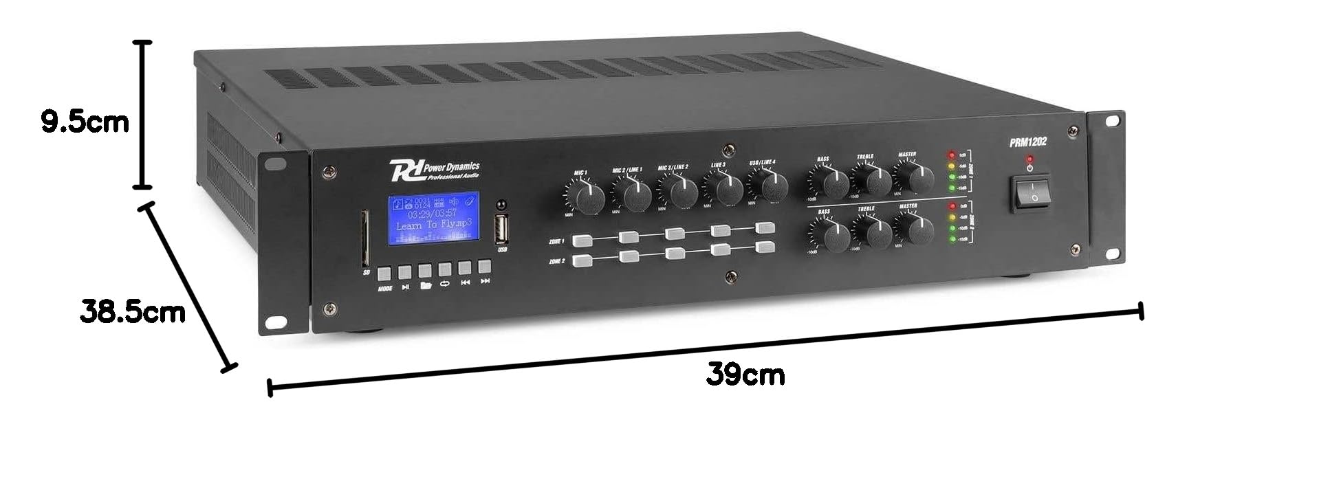 Power Dynamics PRM1202 Amplificateur 2 Zones 100V 2X 120W - Noir, USB/SD/MP3, Amplificateur Bluetooth, Lecteur MP3, Entrée Microphone, Idéale pour Sonoriser Une Pièce ou Passer des Annonces