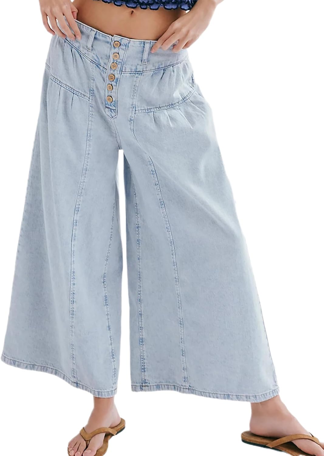 Women's Pleated Baggy Wide Leg Jeans Casual Back Elastic Button-Fly Pleated Denim Pants with Pockets
