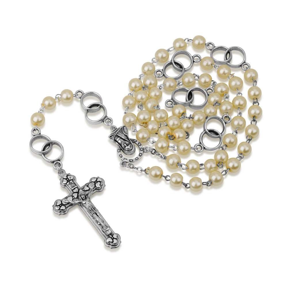 Wedding Rosary by Marina Jewellery Hand Painted Pearl Glass Bead and Silver Plate Chain Necklace Rosary, Crucifix