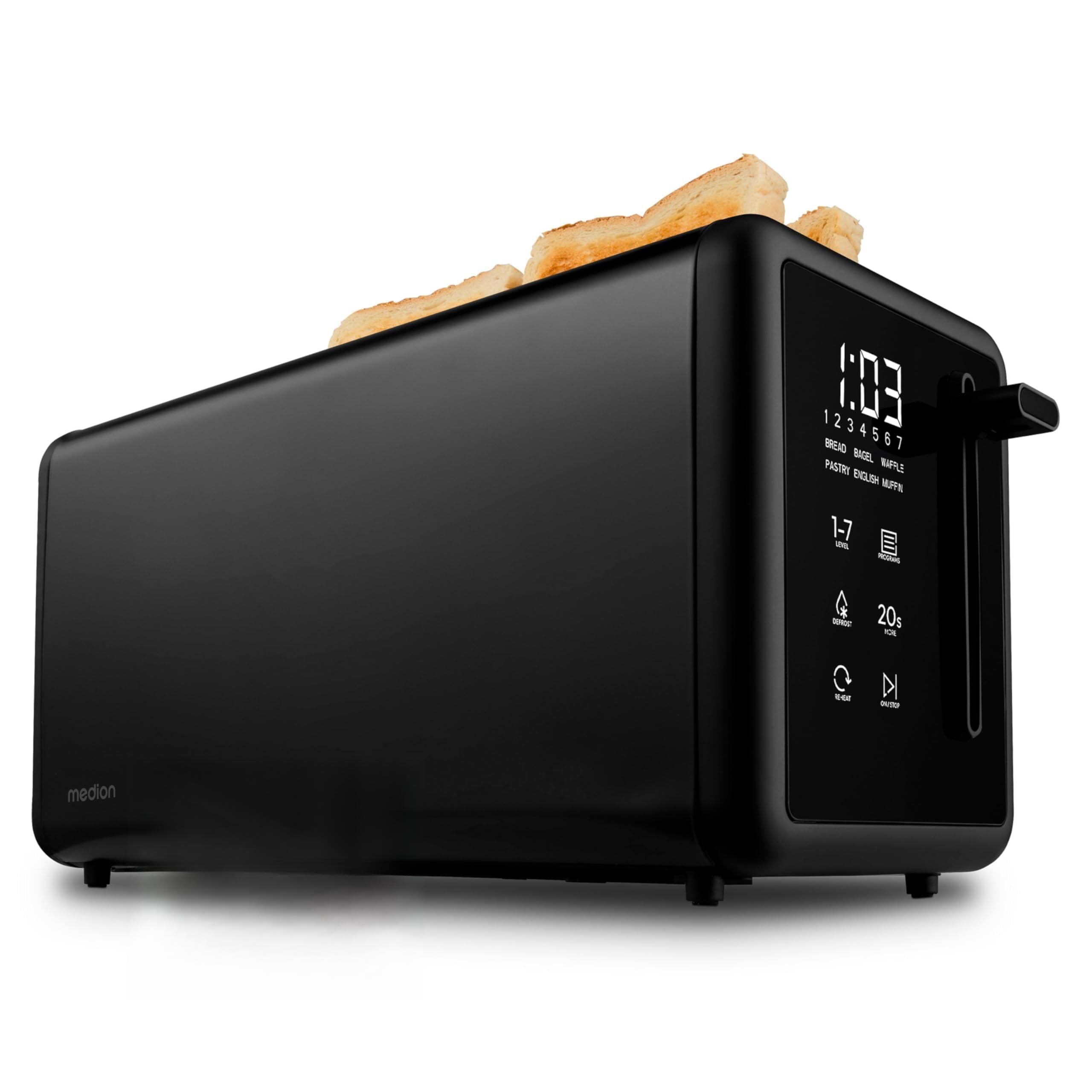 MEDION Toaster 4 Scheiben mit Brötchenaufsatz (7 Bräunungsstufen, 5 Automatikprogramme, 1.450 Watt, 2 lange Toastschlitze, Auftauen, Aufwärmen, Krümelschublade, Edelstahl Matt, MD 12103) schwarz