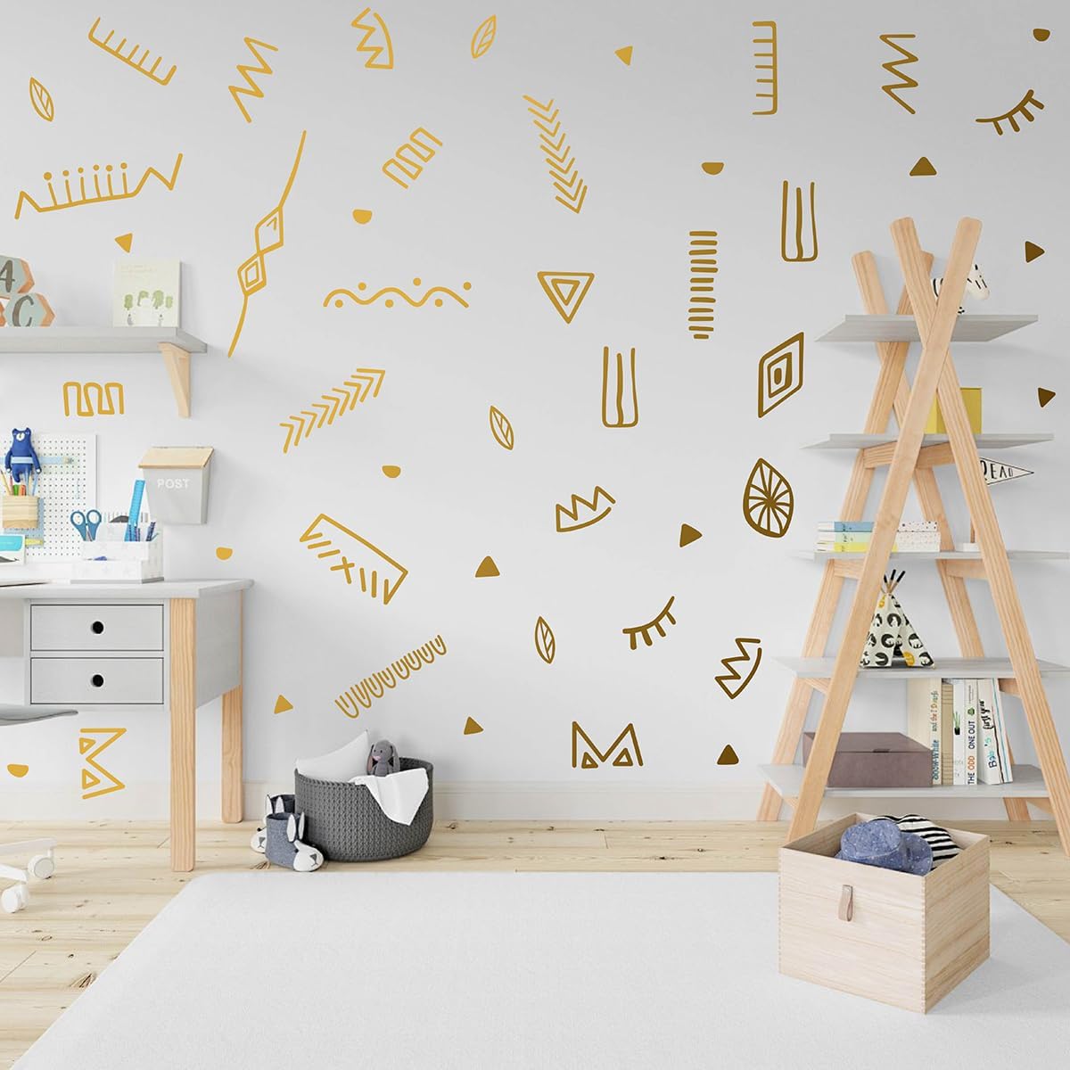 Modern Tribal Wall Decals, Black Large Geometric Pattern, Vinyl, Artistic Boho Style Stickers for Home, Office, Nursery Decoration Wall Sticker Mural WU041 (Gold)