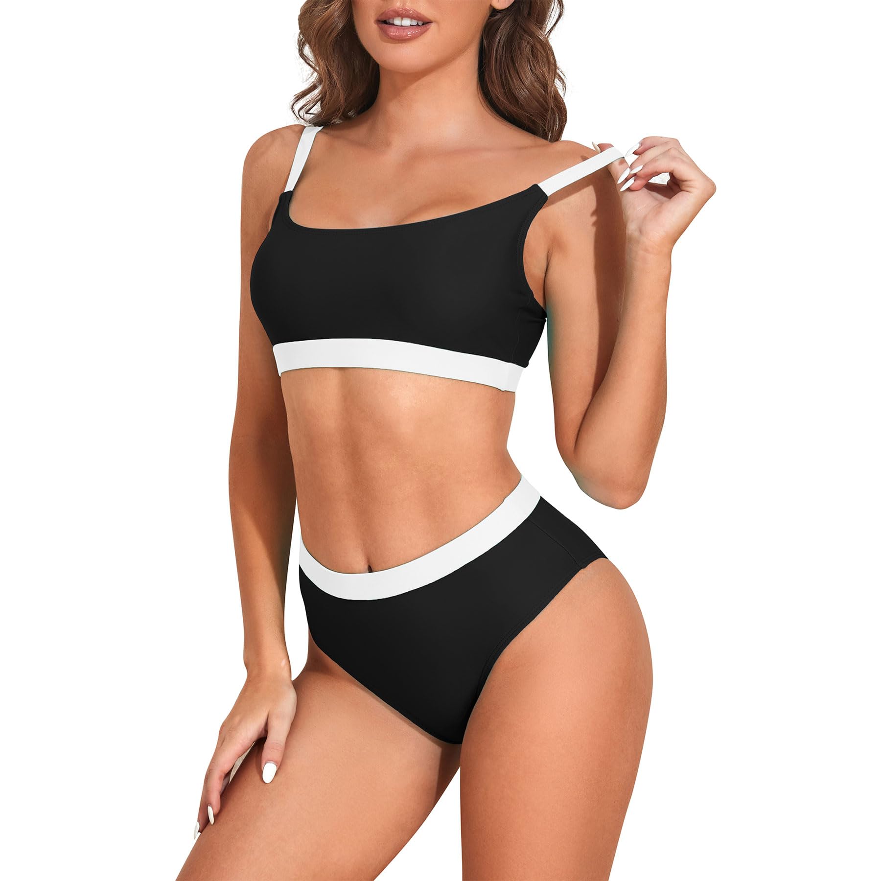 Zando High Waisted Bikini Set for Women Teen Girl Cute Sports Color Block Swimsuit 2 Piece High Cut Bathing Suit