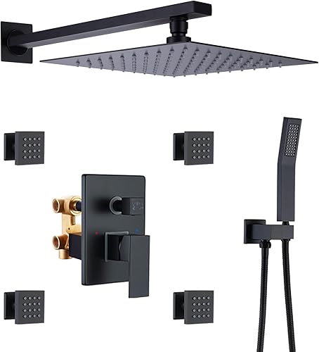 RBROHANT Sistema de chorros de ducha negro mate con chorros de cuerpo y válvula de ducha de 3 funciones equilibrada de presión, juego de grifo de