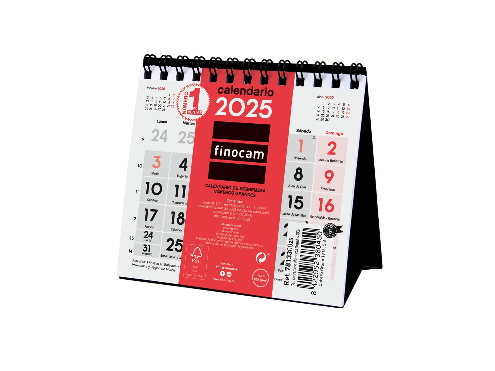 Finocam - Neutral Desktop Calendar Big Numbers 2025 Month View January 2025 - December 2025 (12 months) Spanish