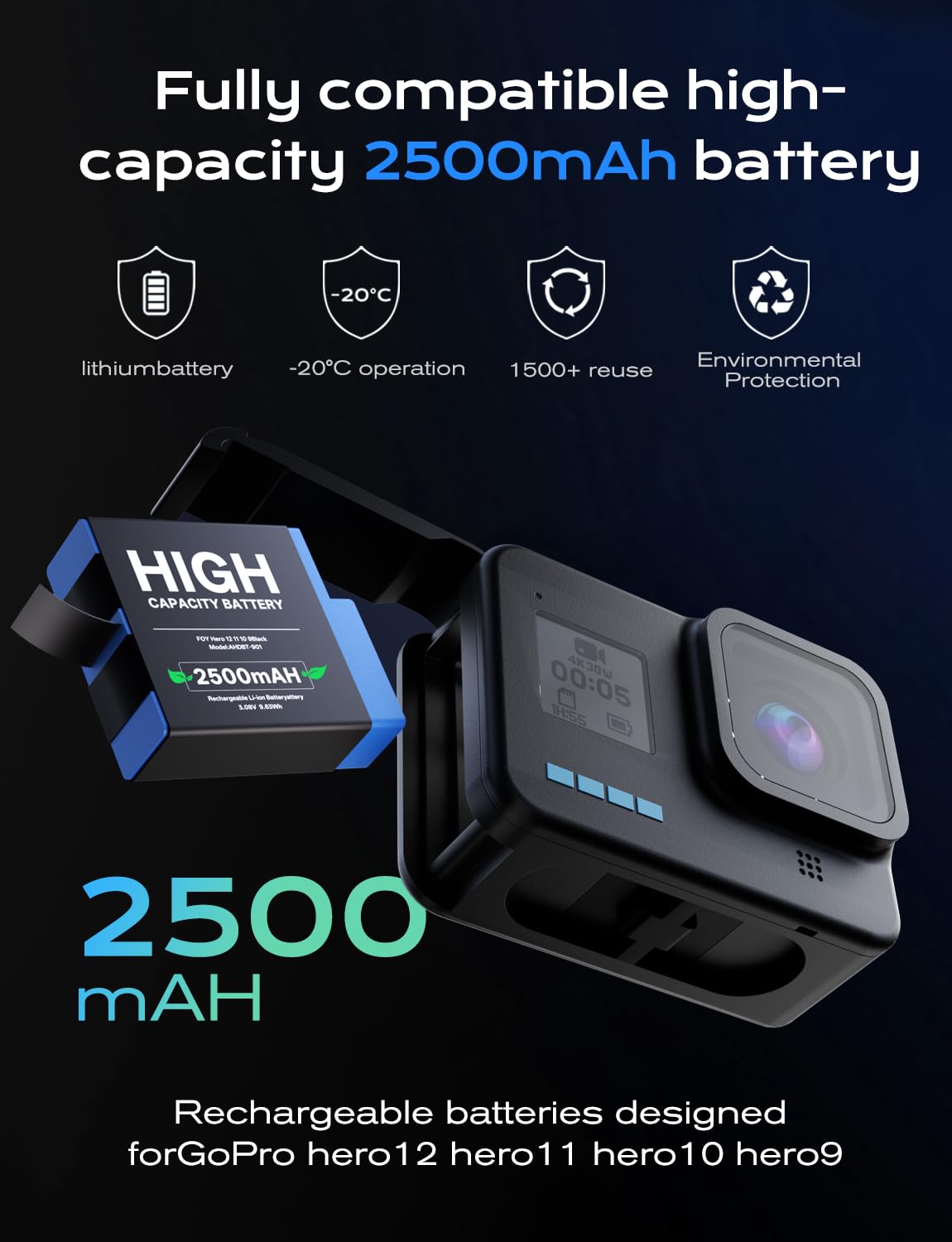 Lot de 3 Batteries Rechargeables pour GoPro Hero 12, 11, 10 et 9 avec kit de Chargeur USB à 3 Ports, Batteries de Remplacement Haute capacité de 2500 mAh (Lot de 3 Batteries + Ladegerät)
