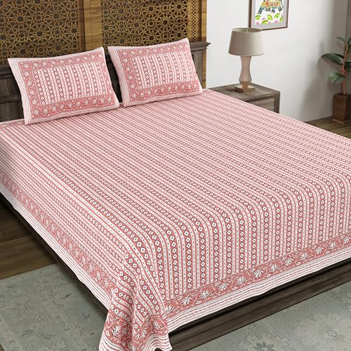 Image of BLOCKS OF INDIA Hand Block Printed 200 TC Cotton Super King Size Bedsheet (Pink LINE)