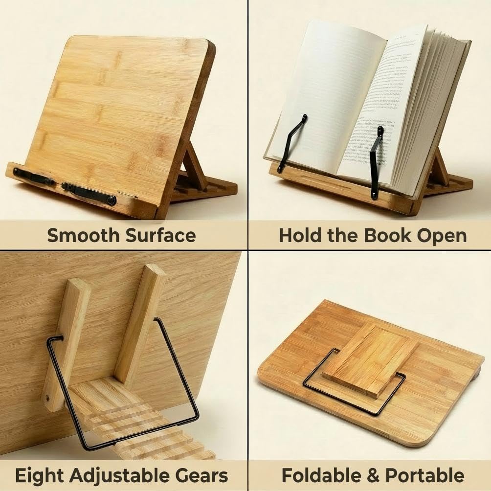 Adjustable Wooden Book Stand with Page Clips - Stable Lightweight Foldable Desktop Holder for Bible Reading Recipe Music Pad