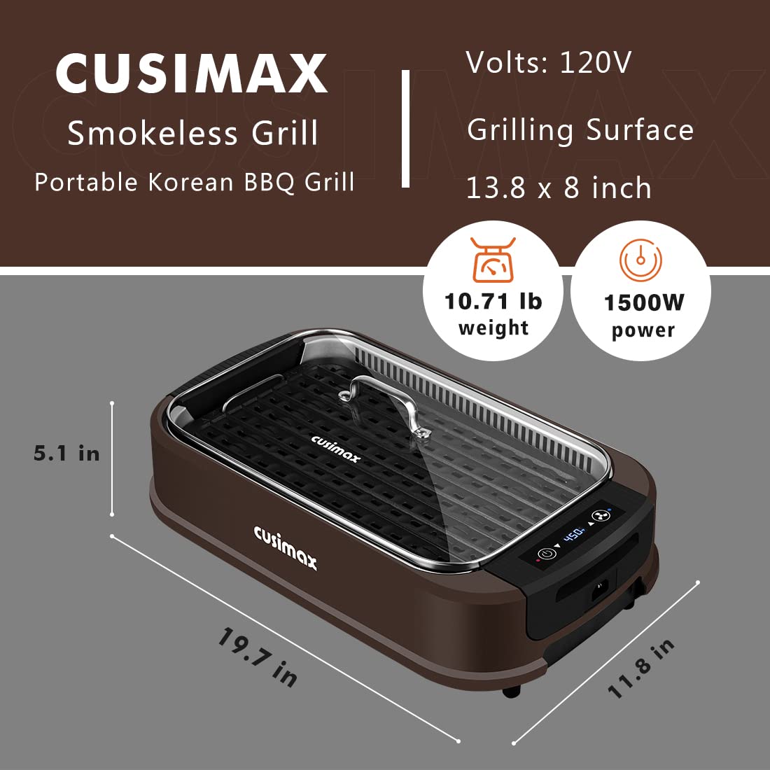 Smokeless Grill Indoor, CUSIMAX Electric Grill, 1500W Indoor Grill Korean BBQ Grill with LED Smart Display & Tempered Glass Lid, Non-stick Removable Grill Plate, Brown, Great for Party
