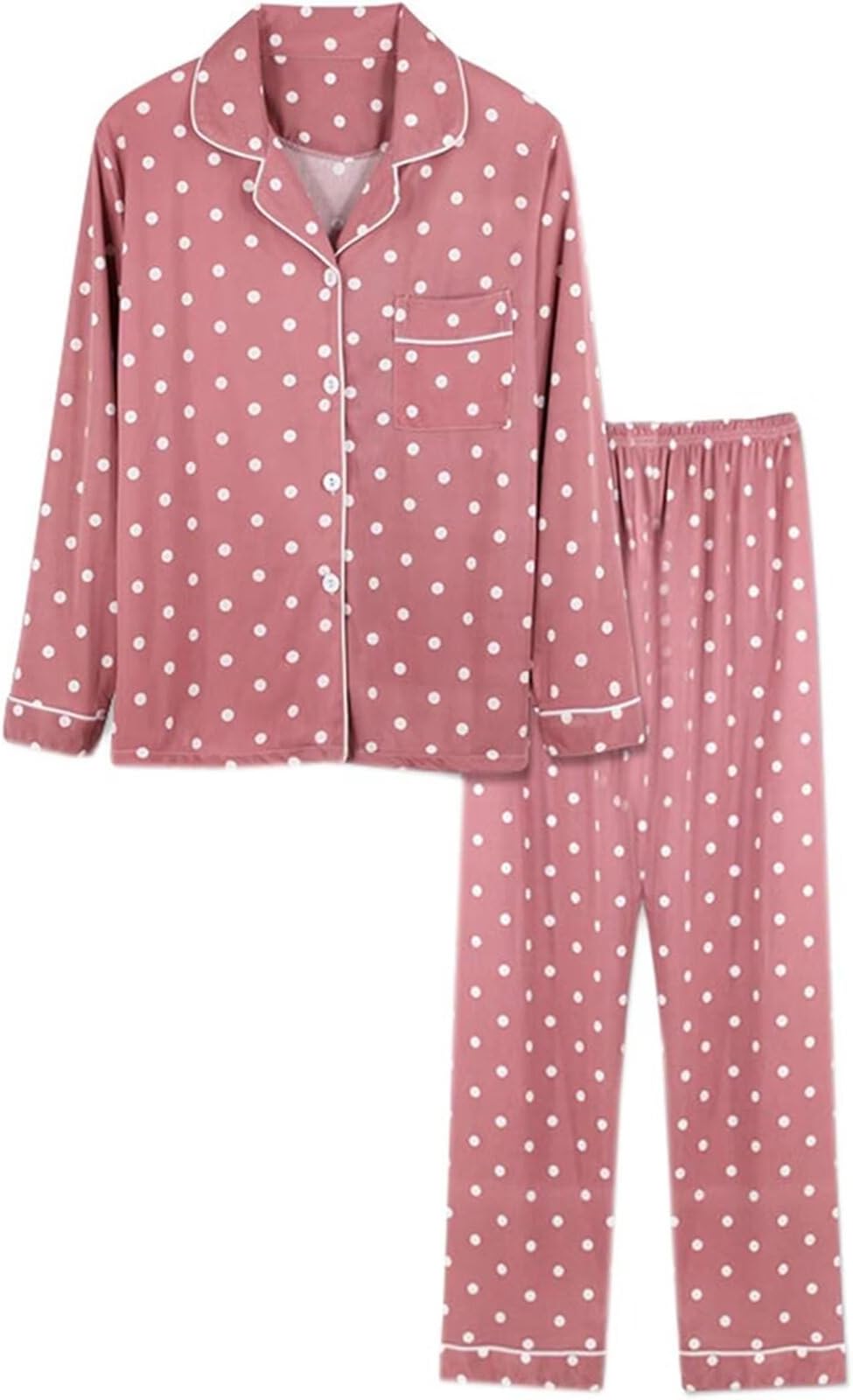 Women's Cotton Cute Pajamas Girls Long Sleeve Tops+Pants with Pockets Dot CasualWear