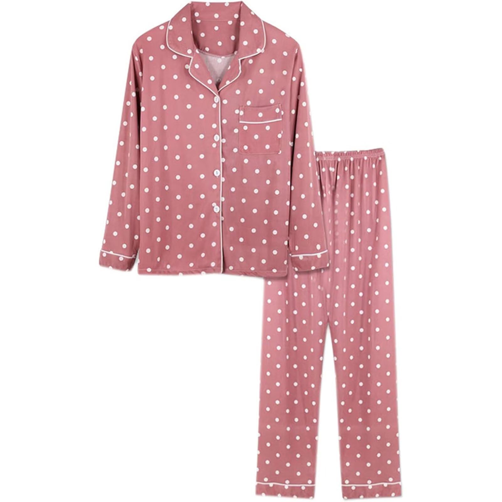 Women's Cotton Cute Pajamas Girls Long Sleeve Tops+Pants with Pockets Dot CasualWear