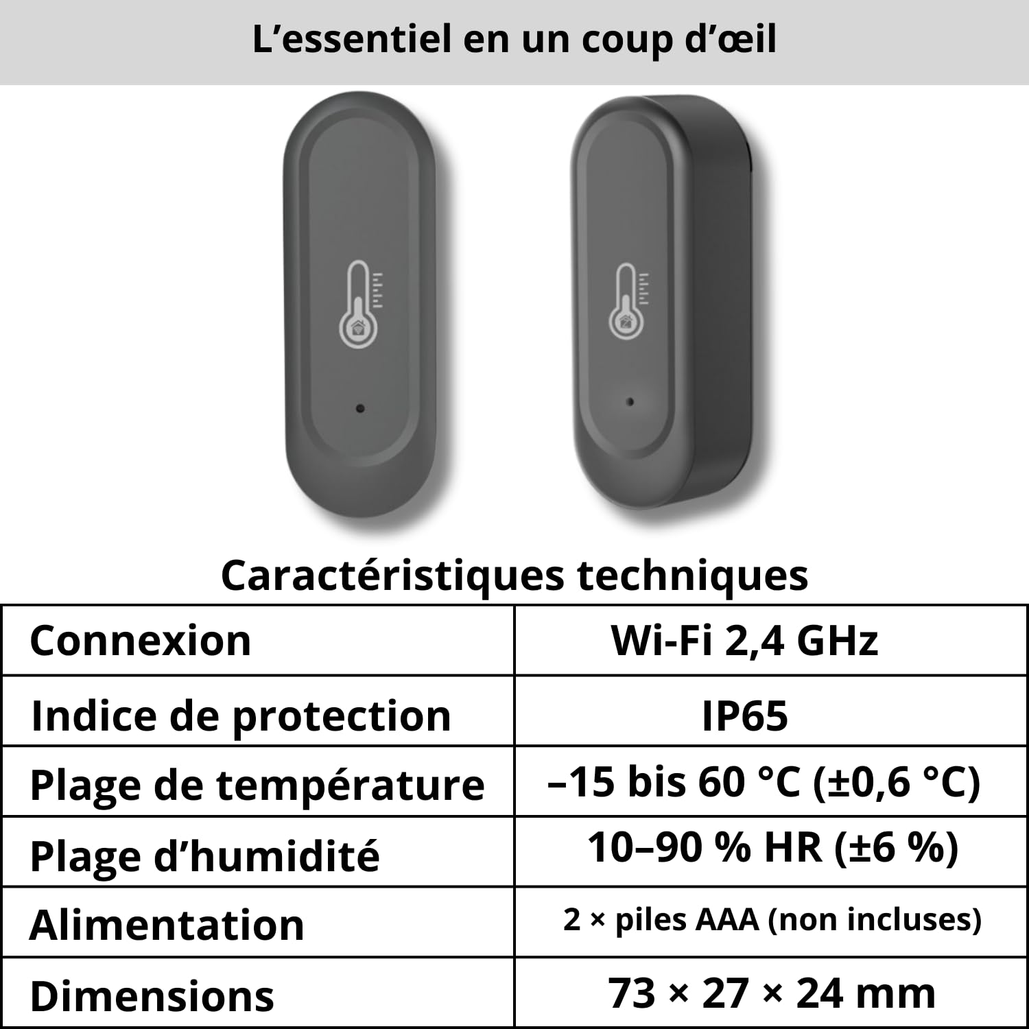 Sone Smart One Capteur Température Humidité WiFi 2.4GHz IP65 Extérieur Intérieur Noir - Thermomètre Hygromètre Connecté Tuya Smart Life - Sans Passerelle - Piles Non Incluses