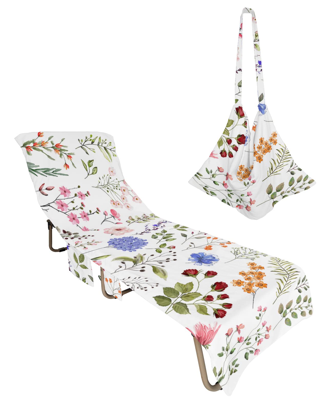 Vintage Herb Beach Chair Towel Covers for Chaise Lounge With Side Pocket, Soft Plush Pool Towels Cover for Patio Sunbathing Outdoor 29''x85'' Wildflower Leaves Plant Floral White